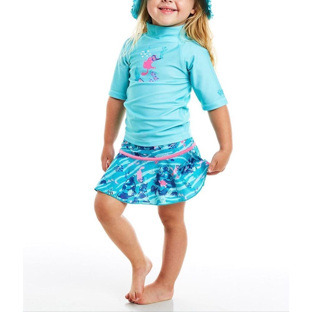 Toddler Girls UV Skinz Snorkle Cat Rashguard and Swim Skirt Tankini - Sz 3T